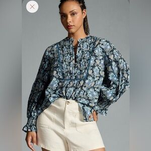 Anthropologie Blue Floral Pintuck Peasant Top Size 3X